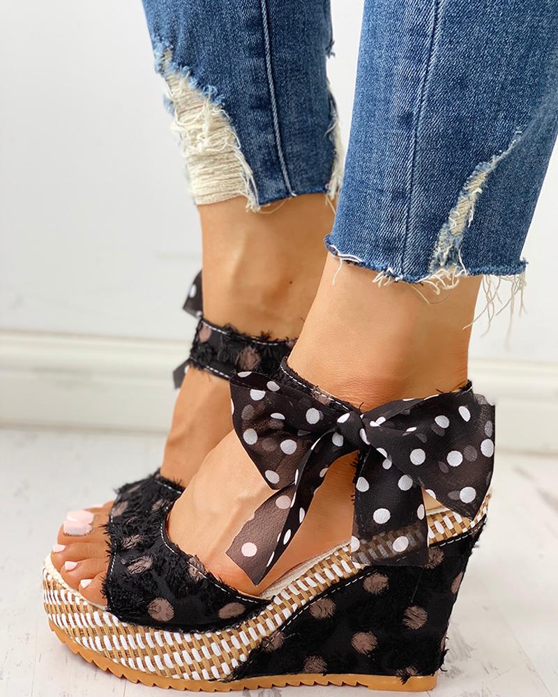 

Dot Bowknot Design Platform Wedge Sandals, Black