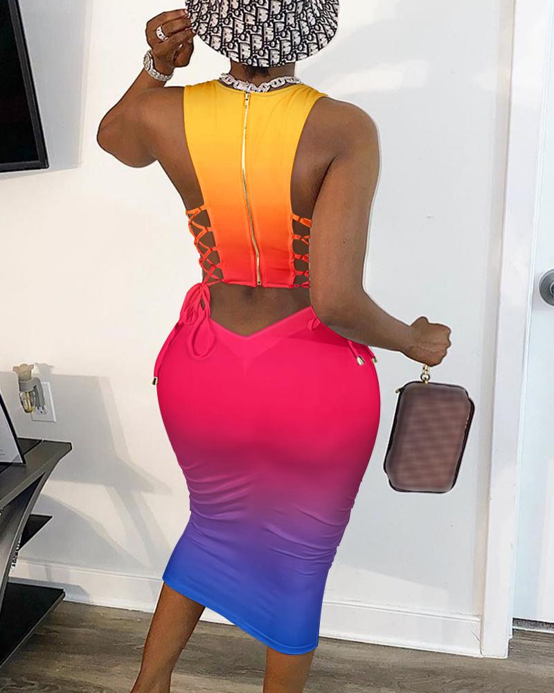 

Ombre Zipper Design Cutout Lace-up Dress, Multicolor