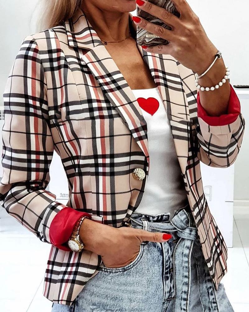 

Button Decor Plaid Print Long Sleeve Blazer Coat, Khaki