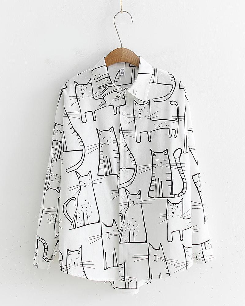 

Cartoon Cat Button Detail Shirt, White