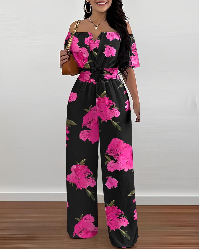 

Floral Print Off Shoulder Shirred Waist Jumpsuit, Black