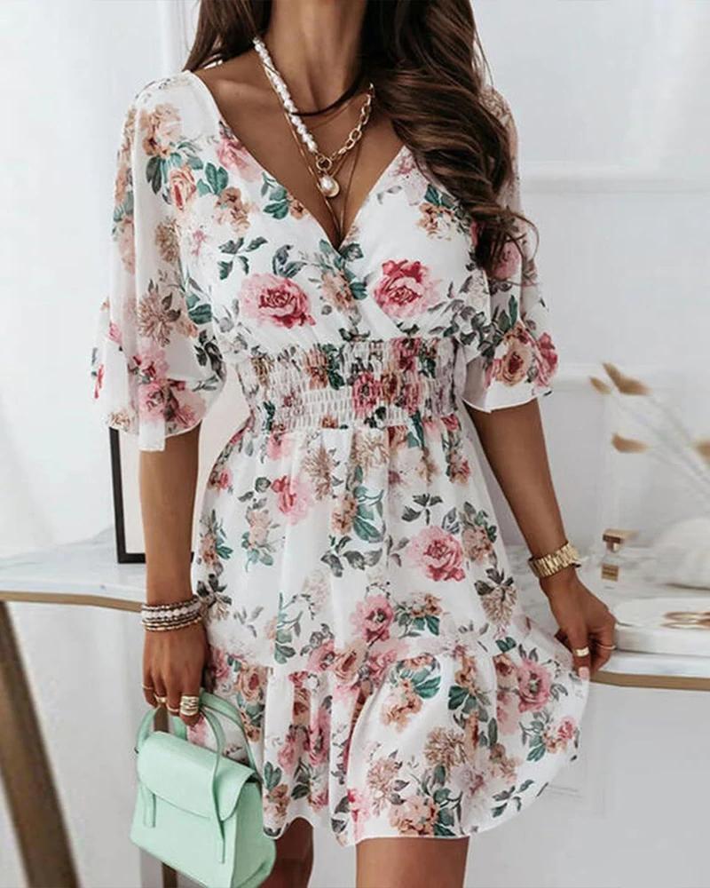 

Floral Print Ruffle Hem Shirred Chiffon Dress, White