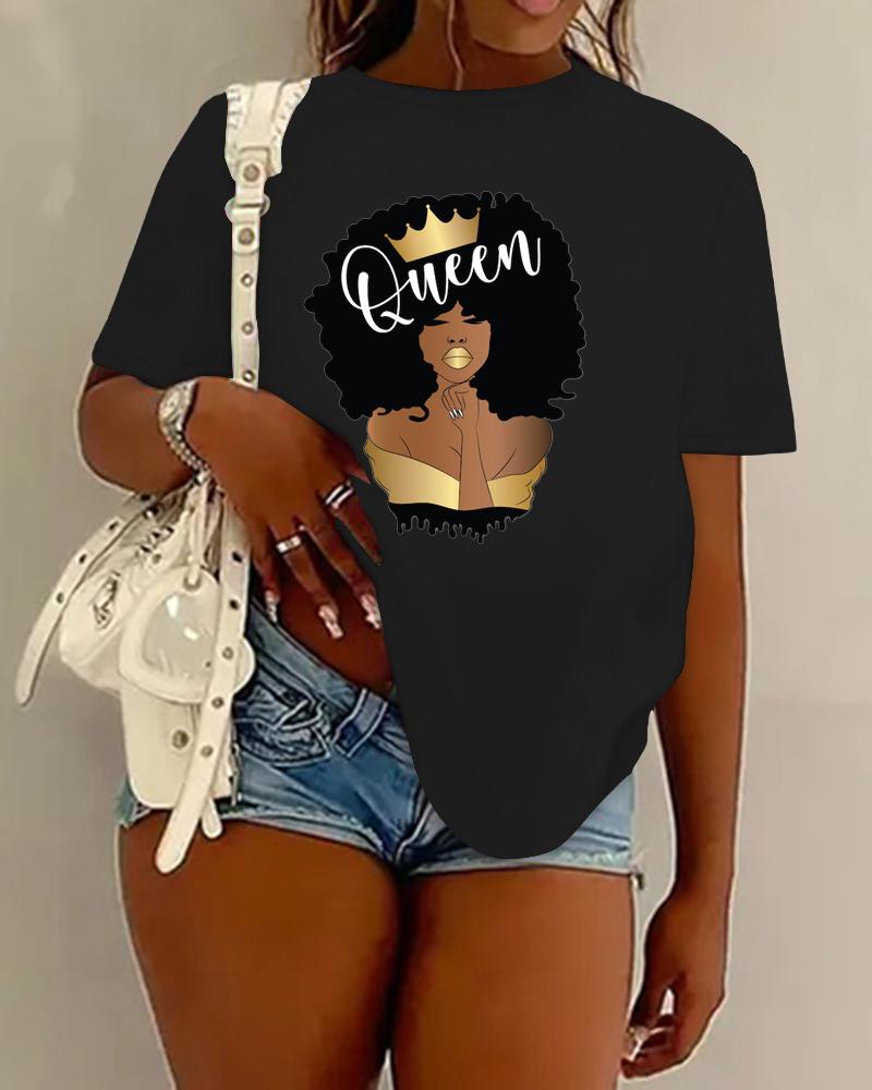 

Figure Queen Lerrer Print Crew Neck Casual T-shirt, Black