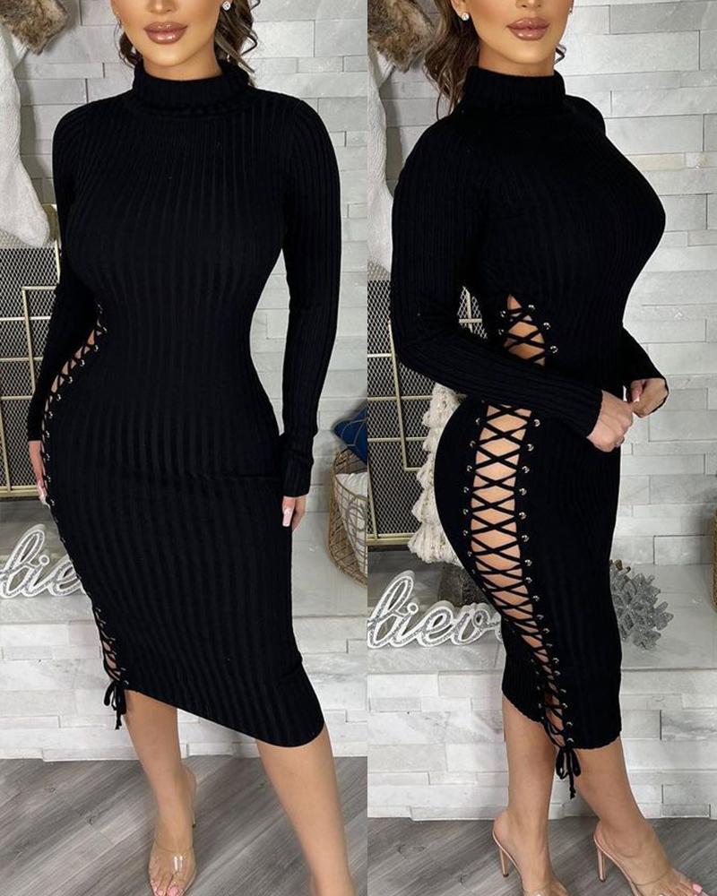 

Grommet Eyelet Lace-Up Ribbed Bodycon Dress, Black