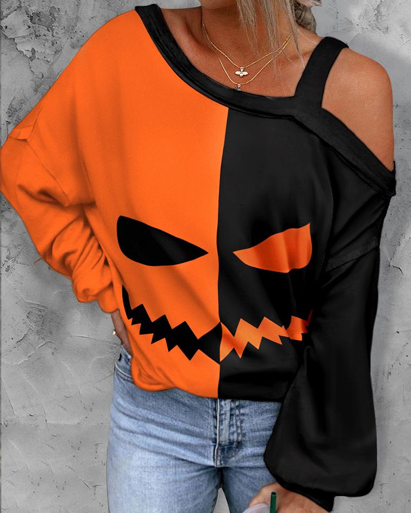 

Halloween Graphic Print Colorblock Cold Shoulder Top, Orange