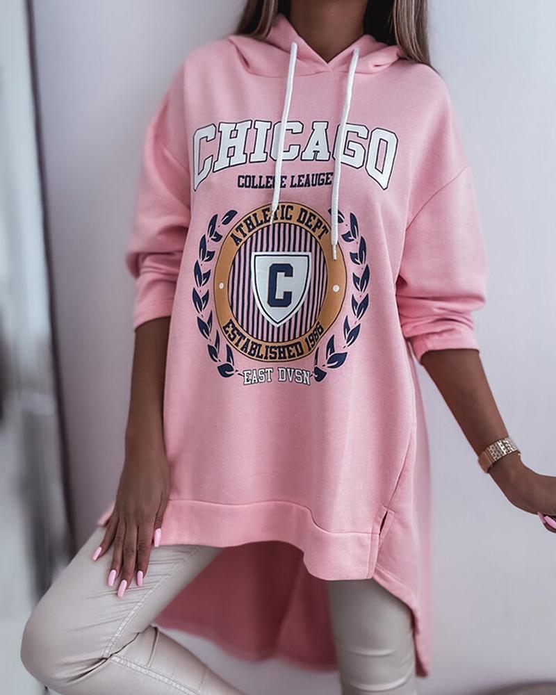 

Letter Graphic Print Striped Drawstring Hooded Sweatshirt, Pink