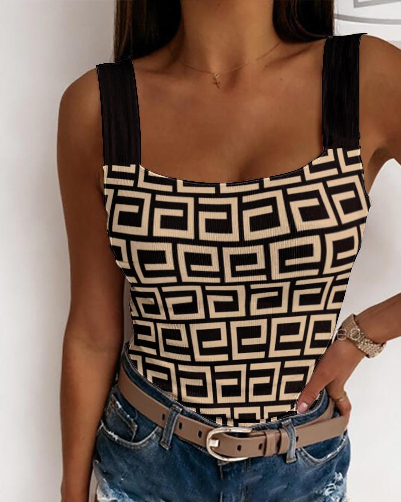 

Geometric Print Ribbed Tank Top, Khaki
