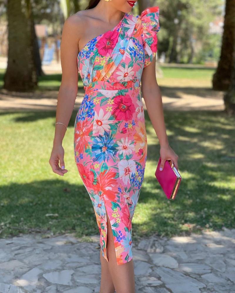 

One Shoulder Ruffles Slit Floral Print Dress Sleeveless Slim Bodycon Dress Midi Dress, Pink