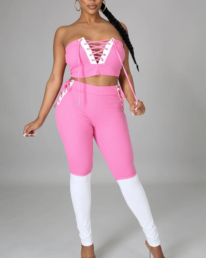 

Colorblock Grommet Eyelet Lace-Up Crop Tube Top & Pants Set, Pink