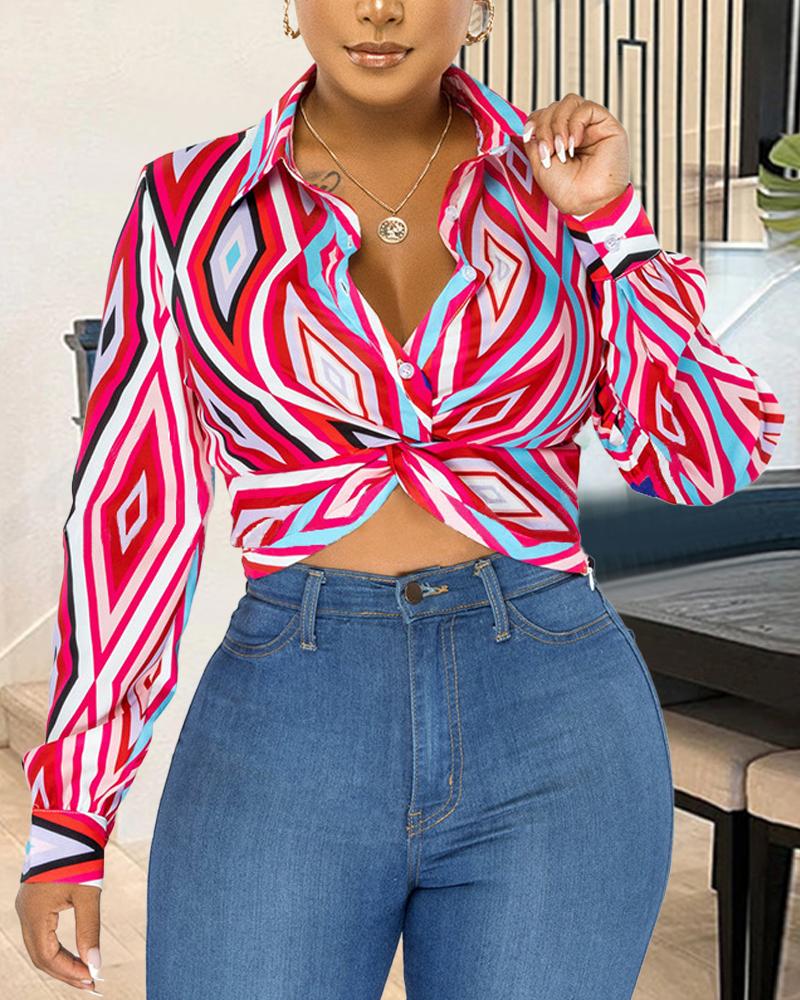 

Argyle Print Twist Design Long Sleeve Shirt, Red