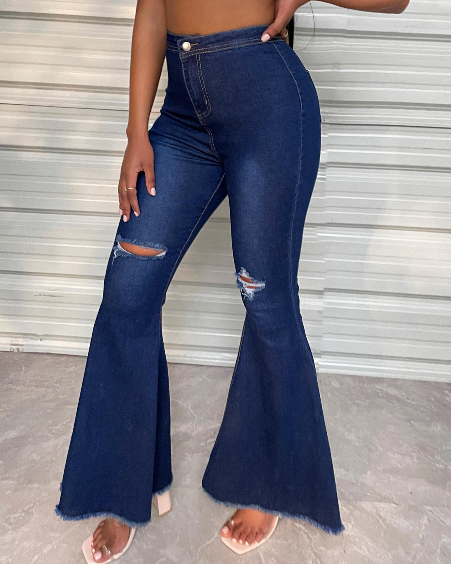 

Solid Slim Ripped Flared Leg Denim Pants, Dark blue