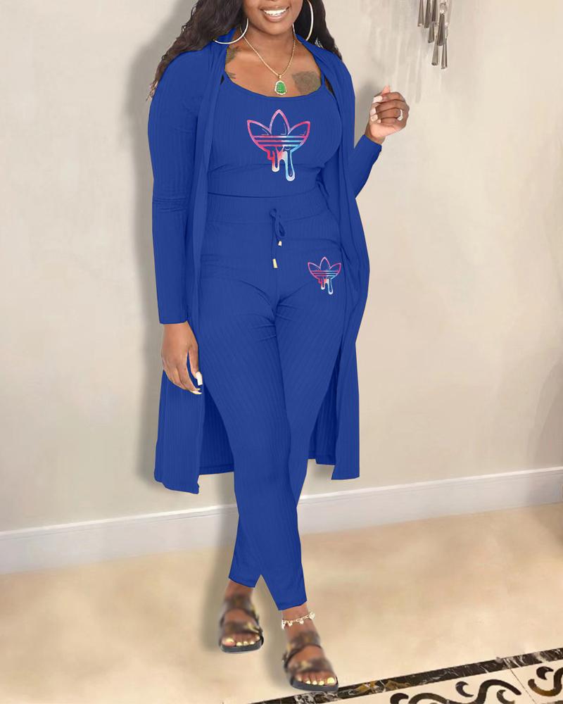 

3PCS Graphic Print Ribbed Cami Top & Pants Set With Coat, Blue