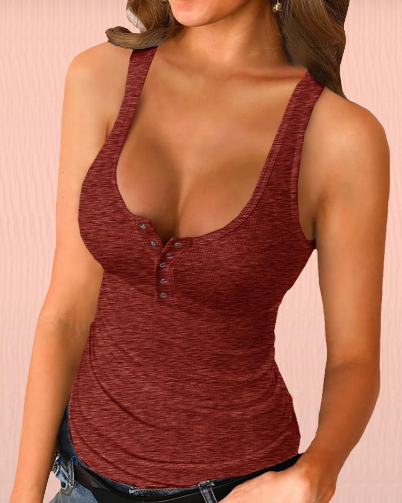 

Solid Strap Sleeveless Skinny Button-up Tanks, Wine red