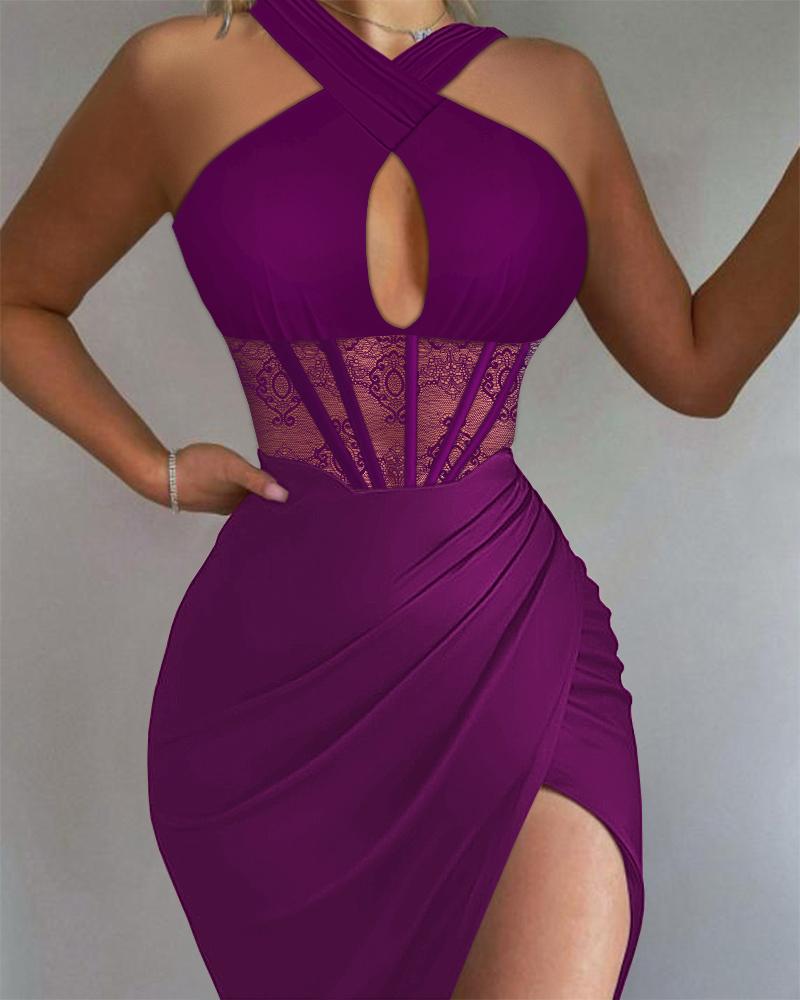 

Ruched High Slit Contrast Lace Corset Dress, Purple