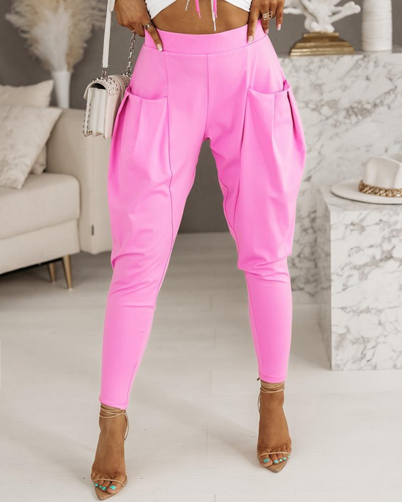 

Pocket Design Casual Harem Pants, Hot pink