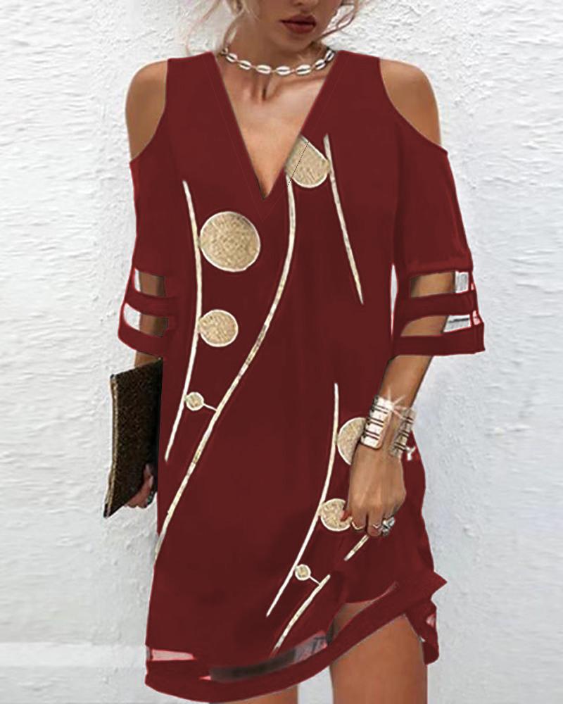 

Graphic Print Contrast Mesh Cold Shoulder Casual Dress, Wine red