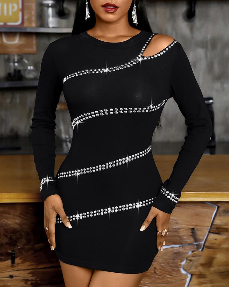 

Cutout Rhinestone Decor Long Sleeve Party Dress, Black