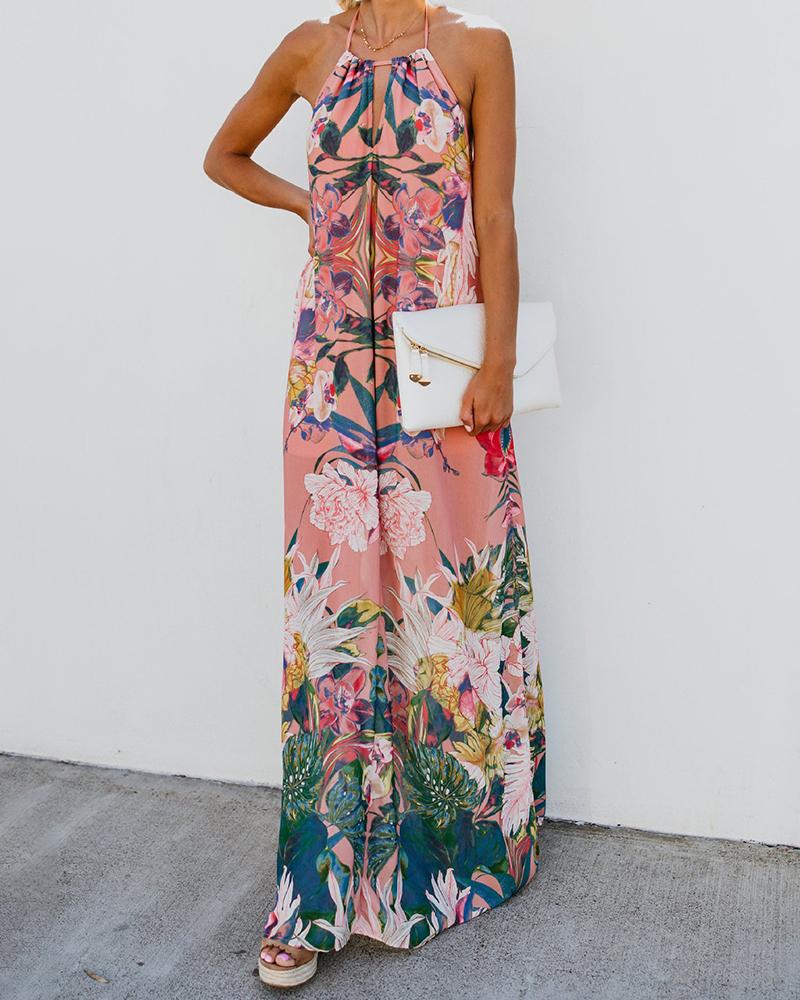 

Halter Floral Print Long Dress, Pink