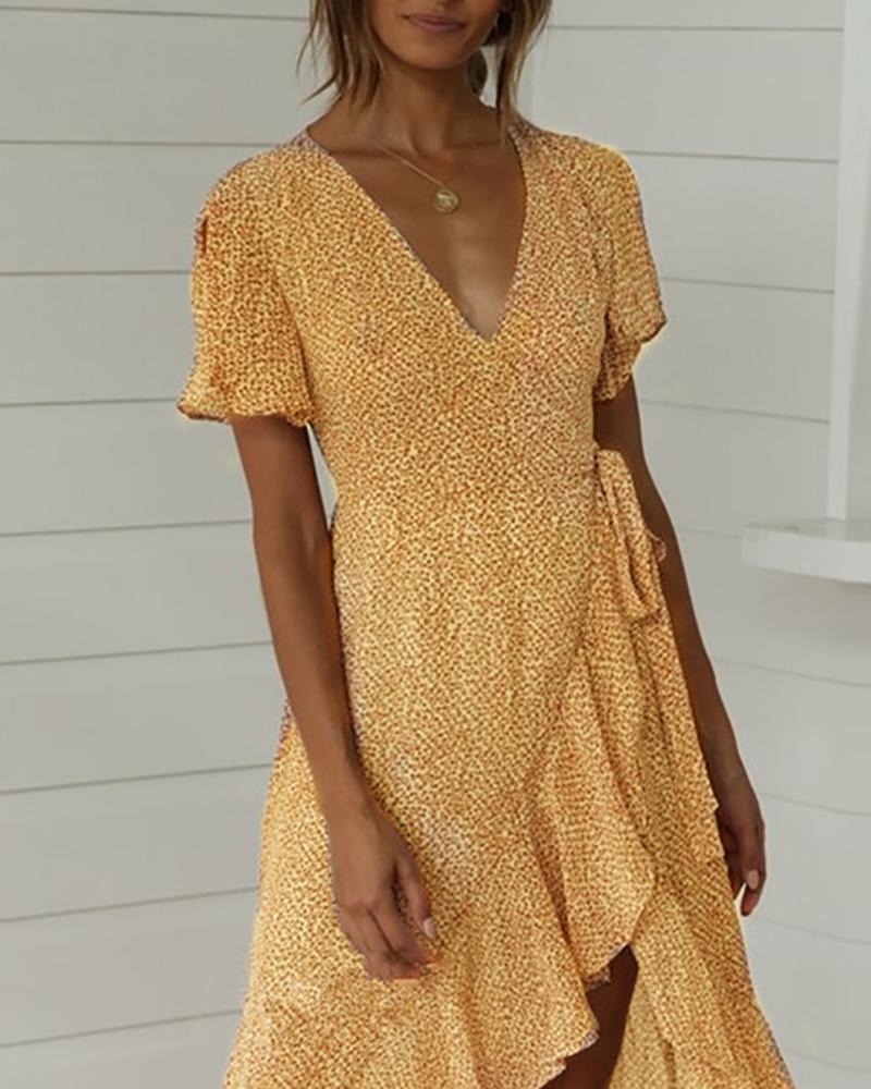 

V Neck Belted Split Ruffles Dress, Yellow