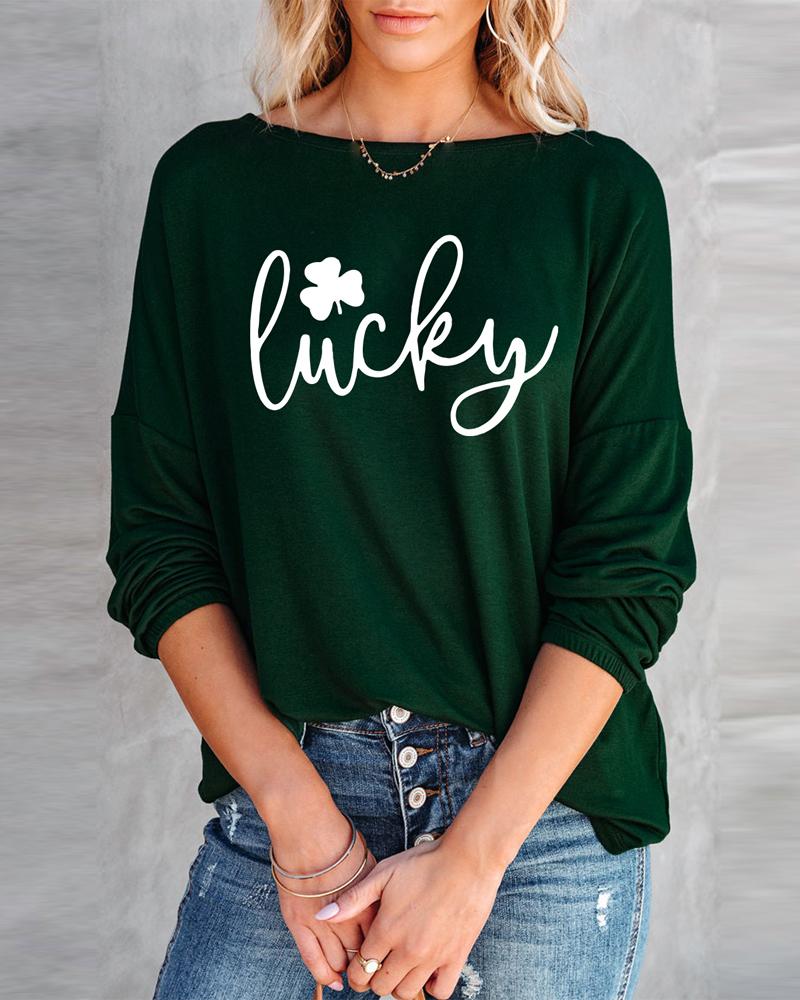 

St. Patrick' Day Lucky Shamrock Print Casual Top, Dark green