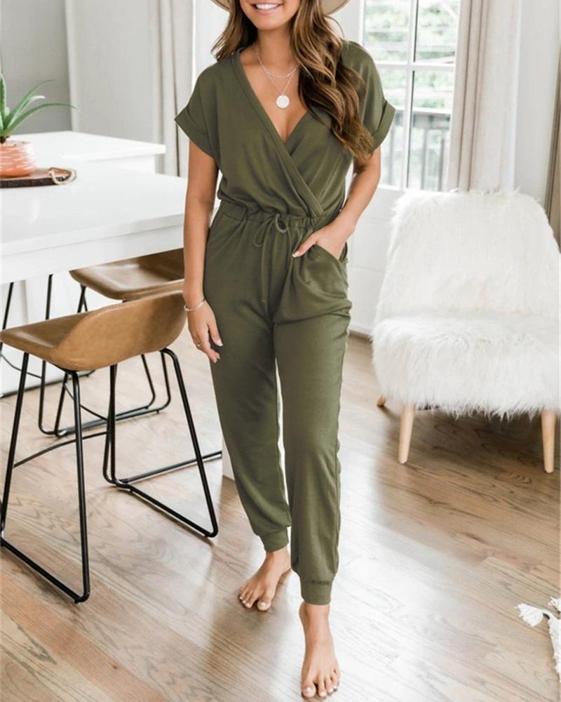 

Short Sleeve Surplice Neck Drawstring Casual Jumpsuit, Green