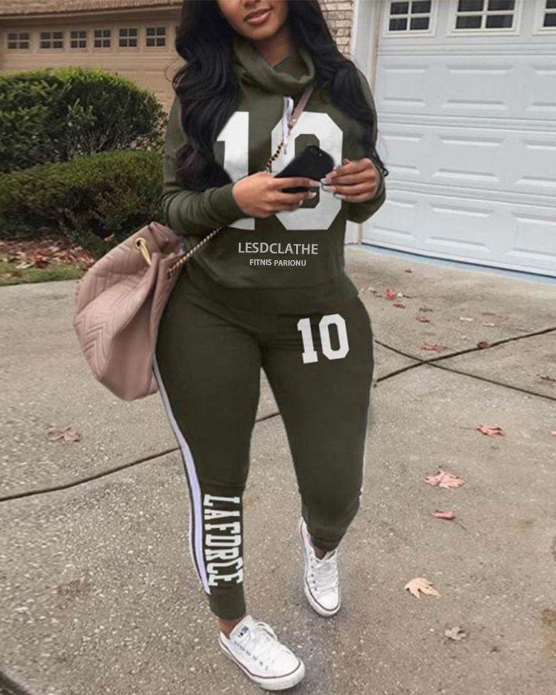 

Plus Size Letter Print Long Sleeve Top & Pants Set, Green