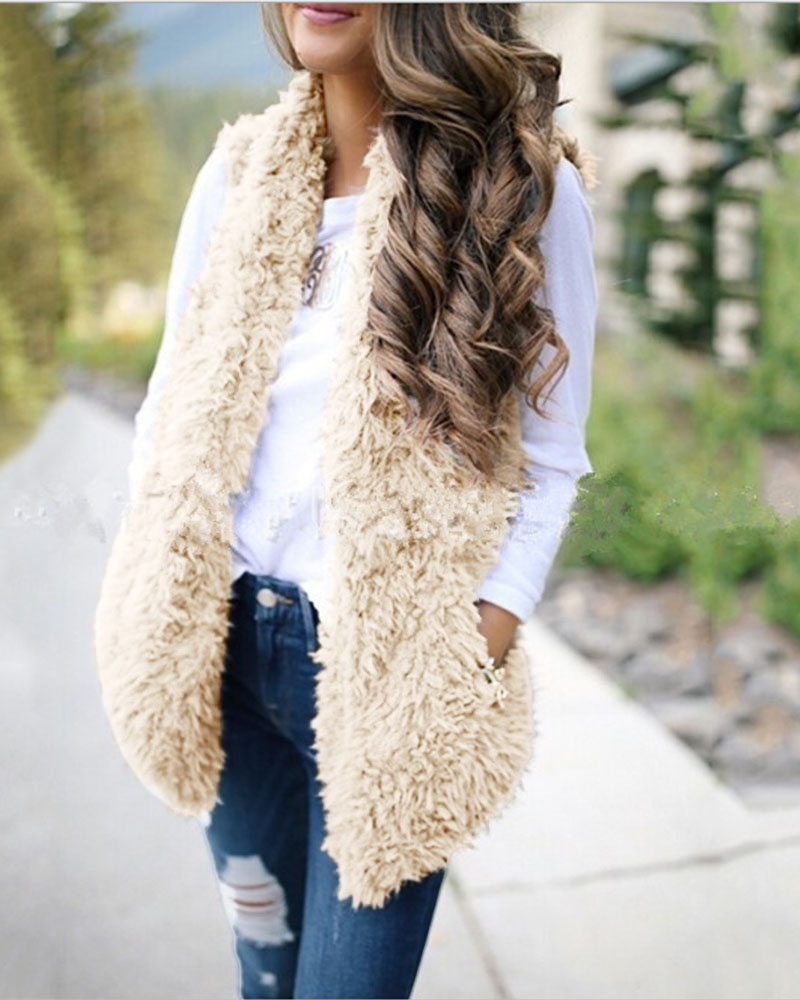 

Open Front Teddy Vest Coat, Apricot