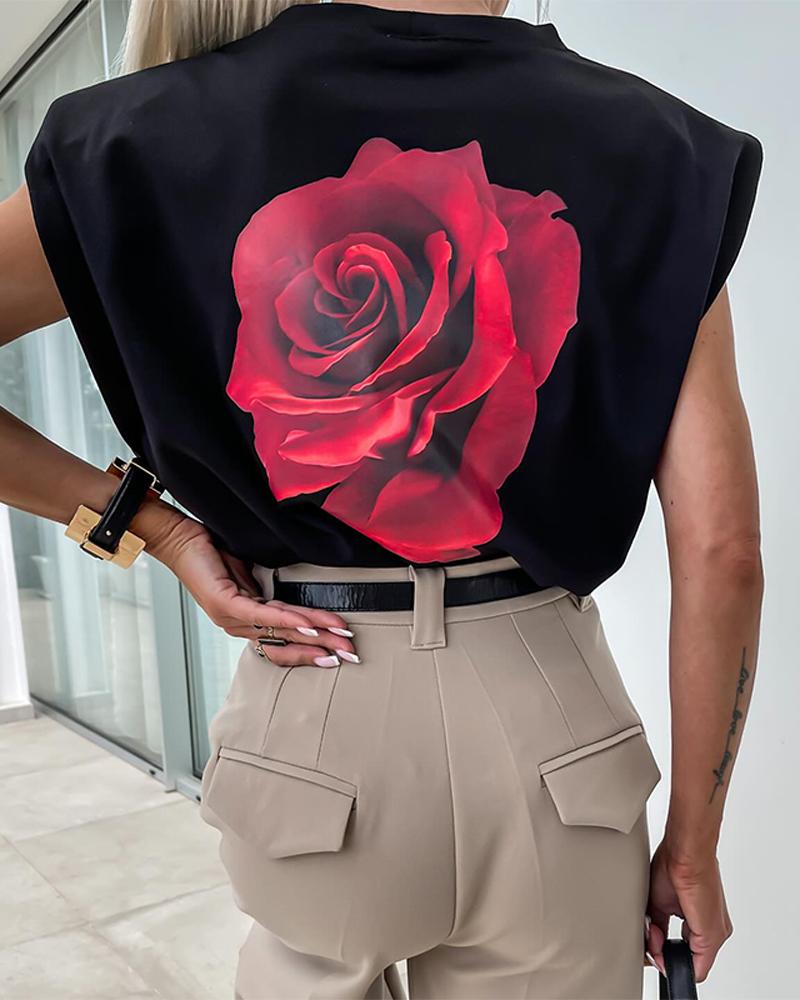 

Back Rose Print Cap Sleeve T-Shirt, Black