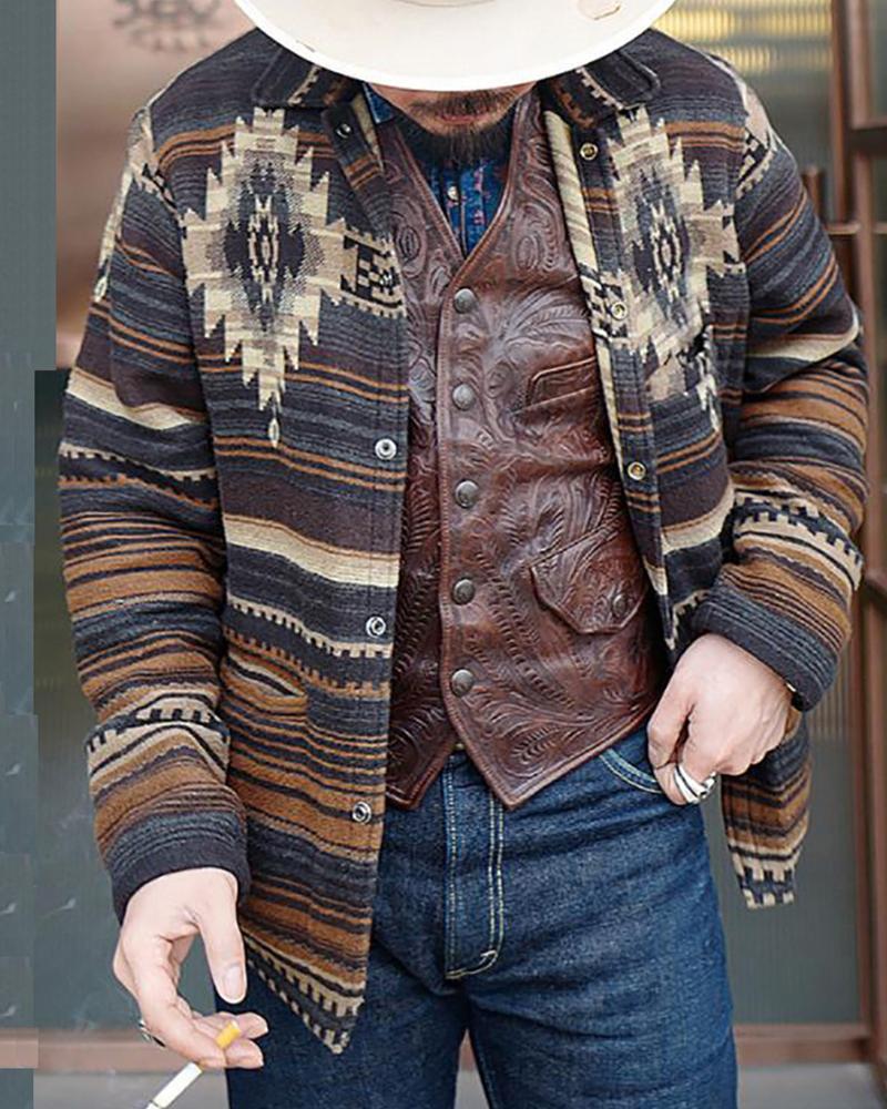 

Buttoned Long Sleeve Colorblock Coat, Brown