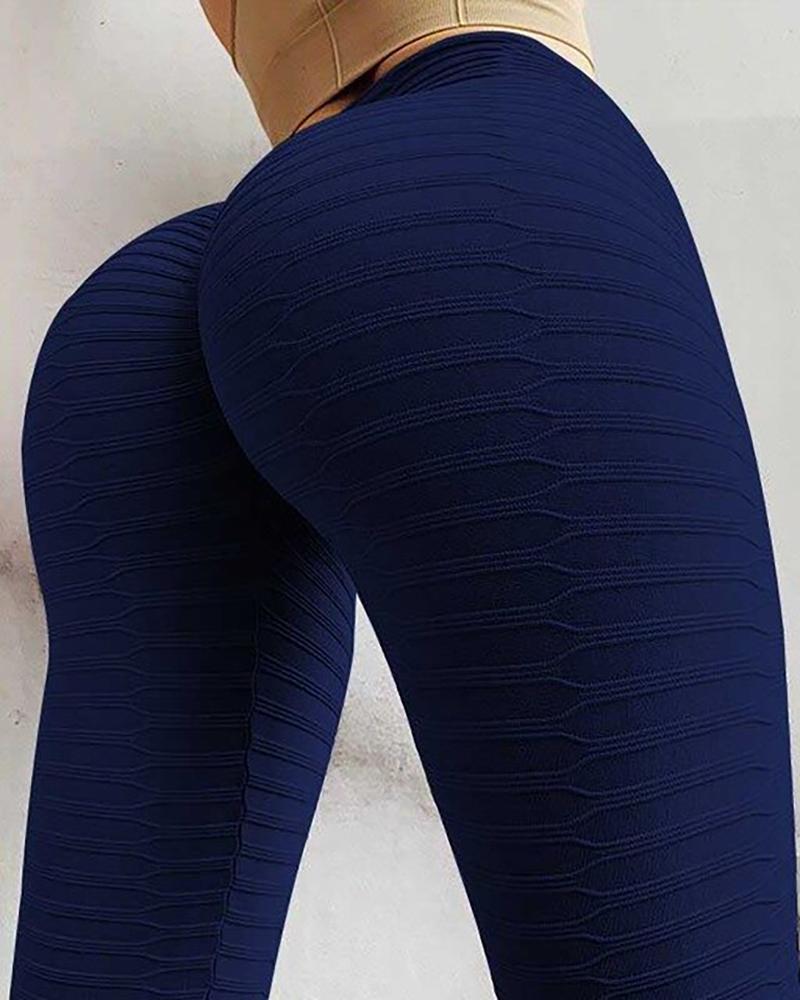 

High Waist Textured Scrunch Butt Lift Yoga Pants, Dark blue