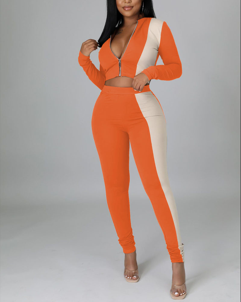 

Color Block Zip Up Crop Top & Pants Set, Orange