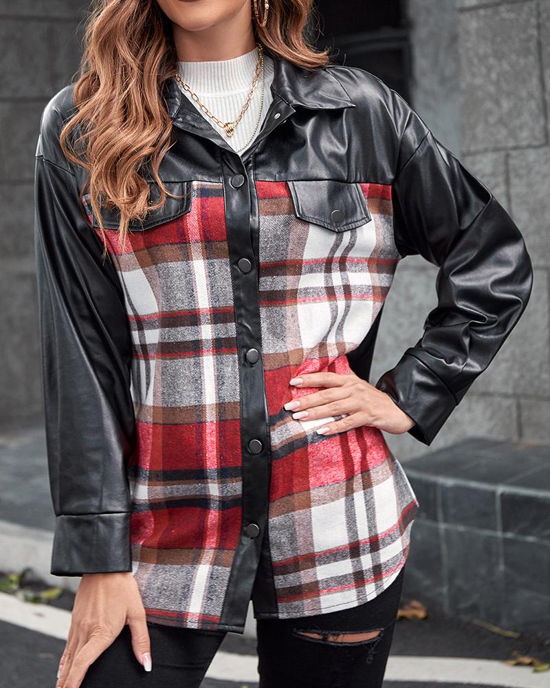 

Plaid Print Buttoned PU Leather Patchwork Jacket, Red