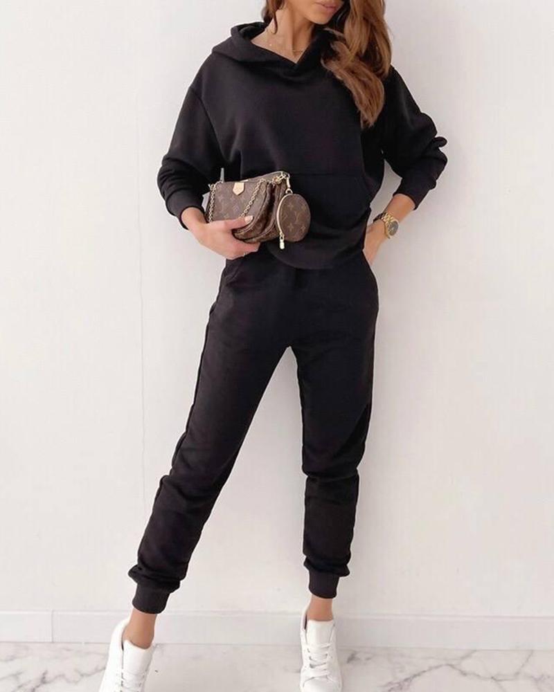 

Pocket Design Hooded Top & Cuffed Pants Set, Black