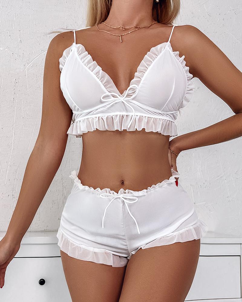 

Contrast Mesh Frill Hem Tied Detail Lingerie Set, White