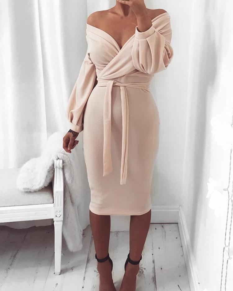 

Off Shoulder Twisted Waist Tie Sexy Midi Dress, Nude