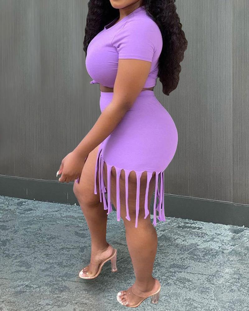

Short Sleeve T-shirt & Tassel Shorts Set, Purple