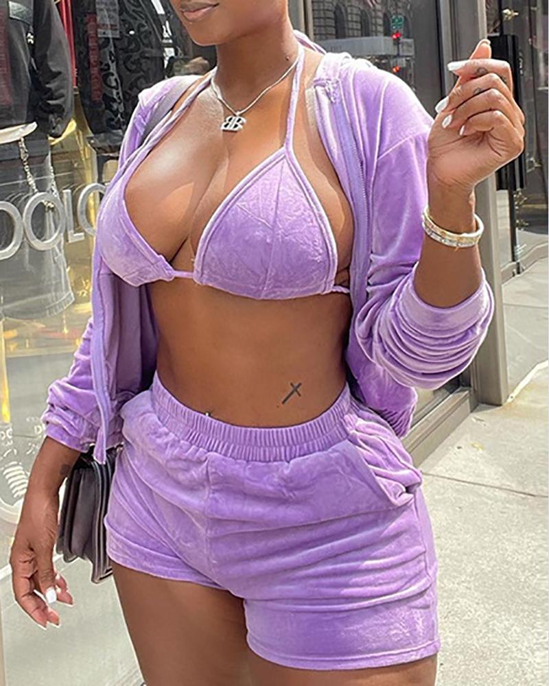 

Zipper Design Hooded Coat & Pocket Design Shorts Set With Bralette, Purple