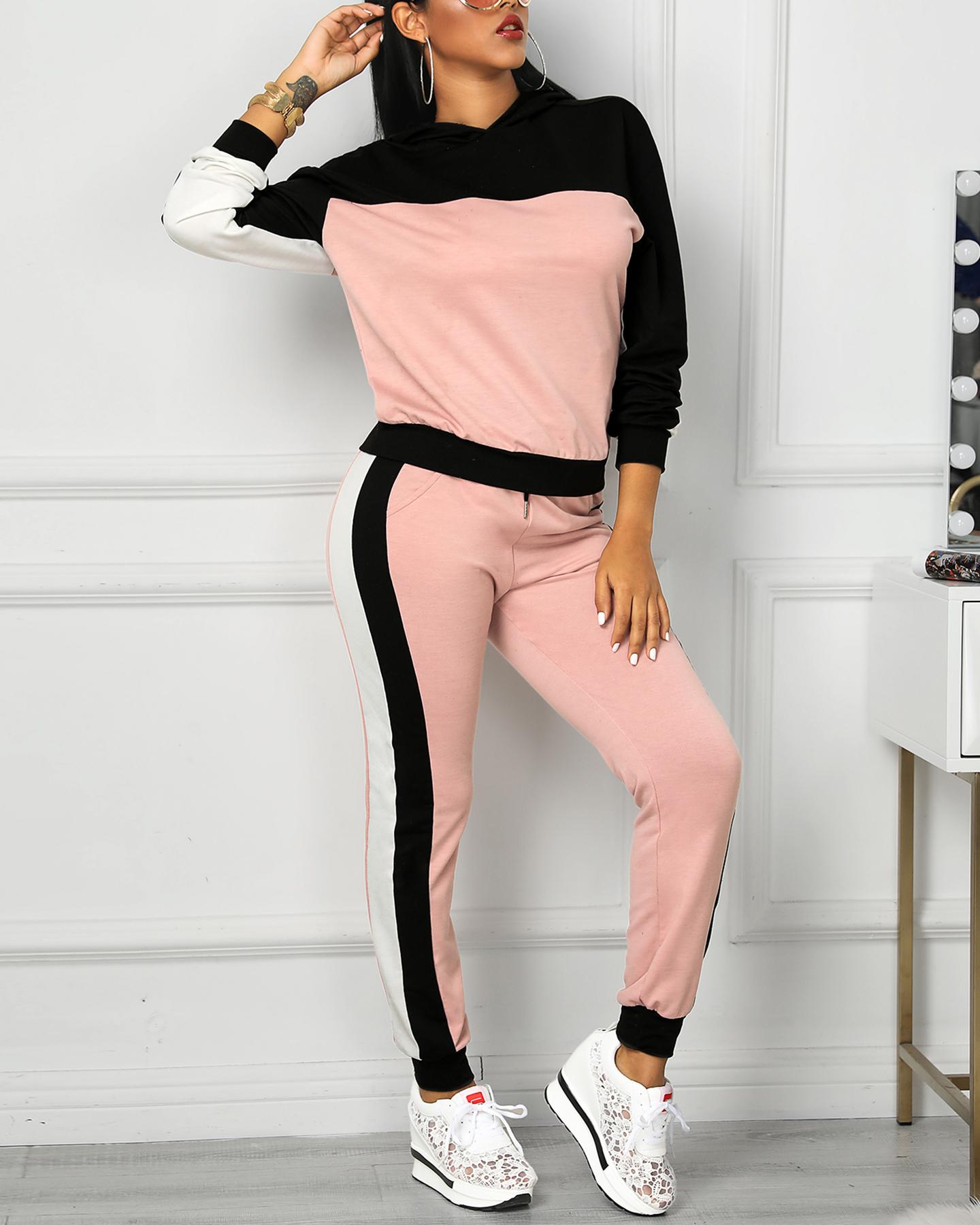 

Colorblock Drawsting Design Hooded Top & Pant Sets, Pink