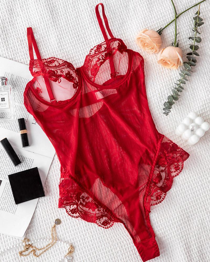 

Sheer Mesh Floral Embroidery Ruffles Teddy, Red