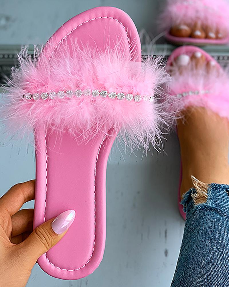 

Rhinestone Feather Detail Flat Slippers, Pink