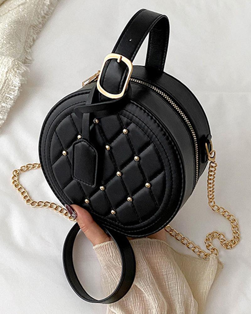 

Studded Quilted Round Crossbody Bag, Black