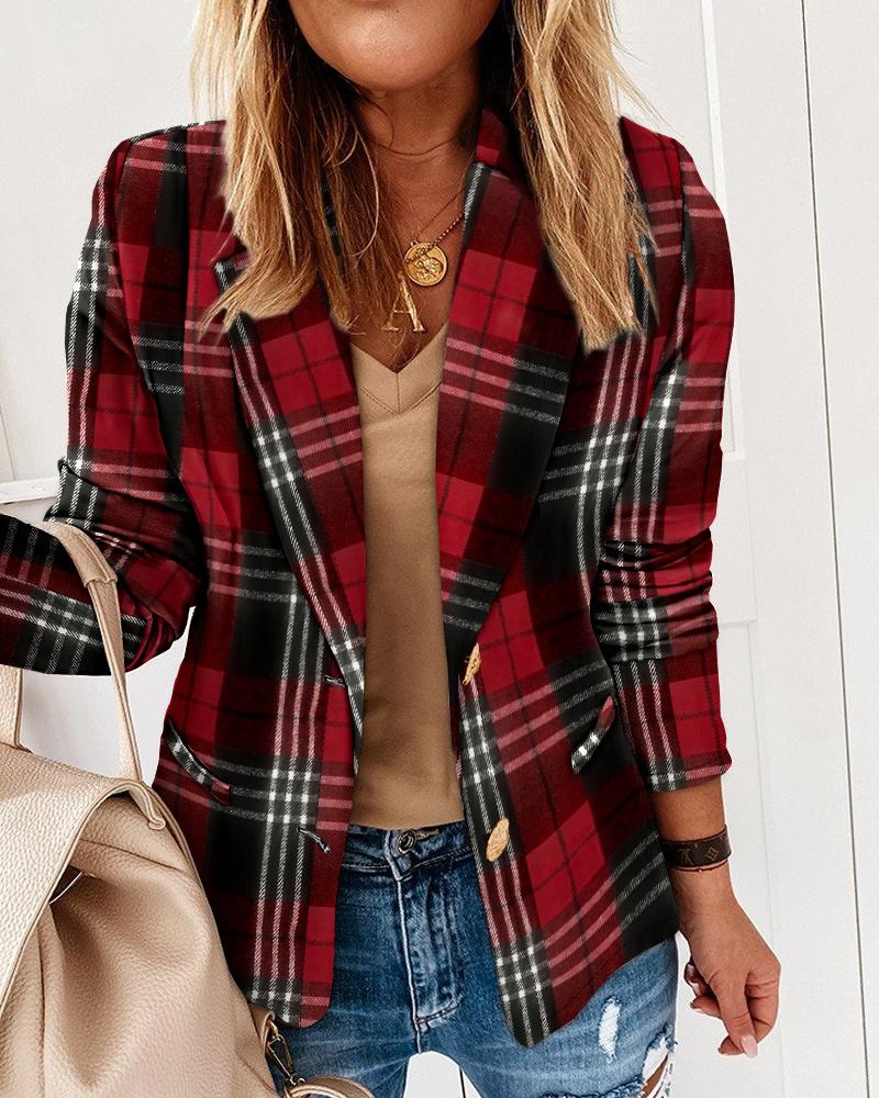 

Plaid Print Notched Collar Buttoned Blazer Coat, Red