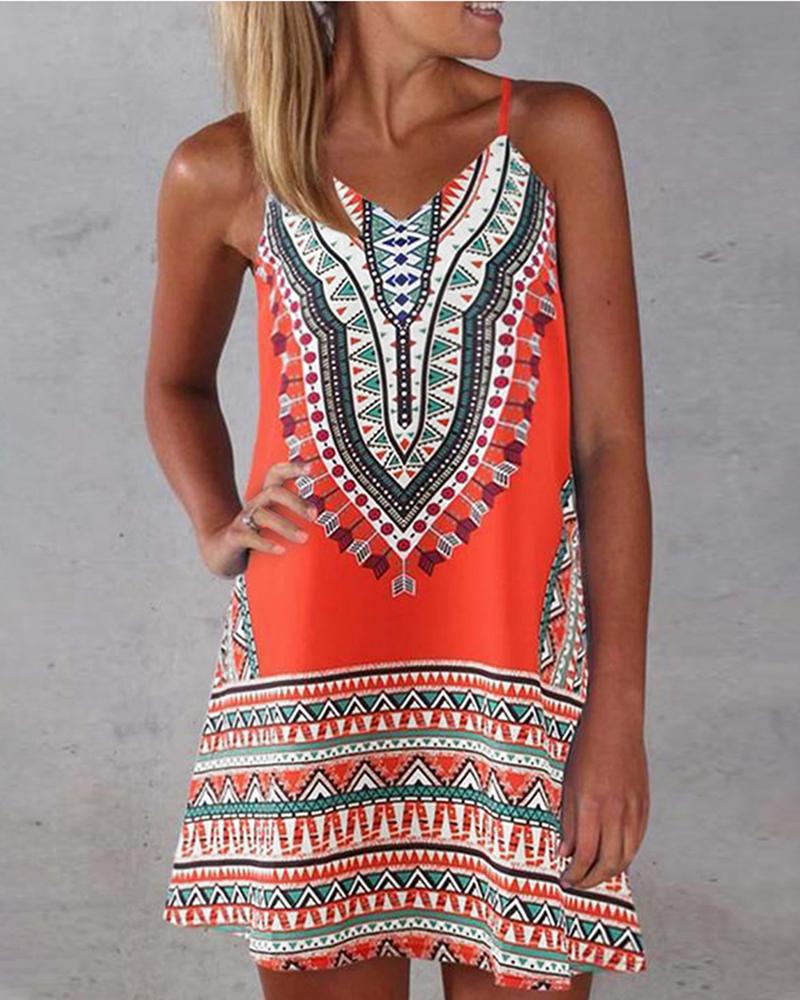 

Spaghetti Strap Print Casual Women Dress, Red