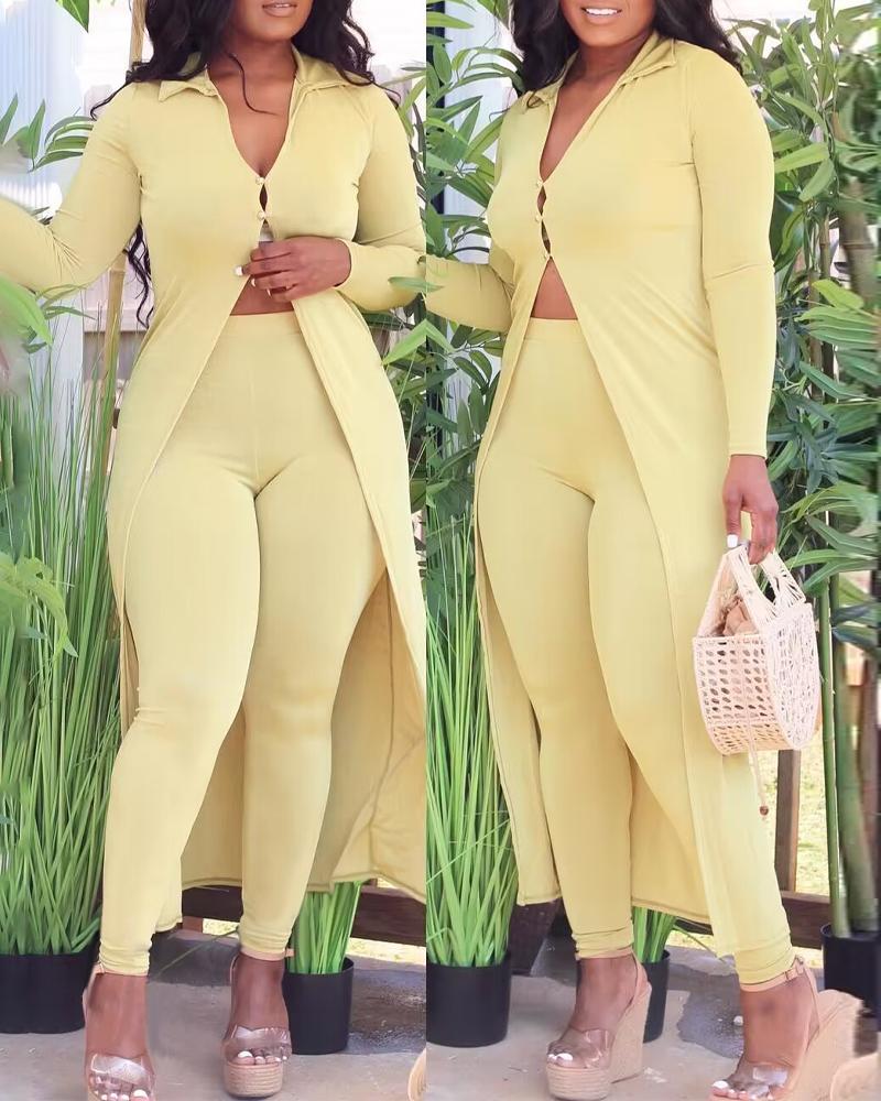 

High Waist Pants & Buttoned Longline Coat Set, Yellow