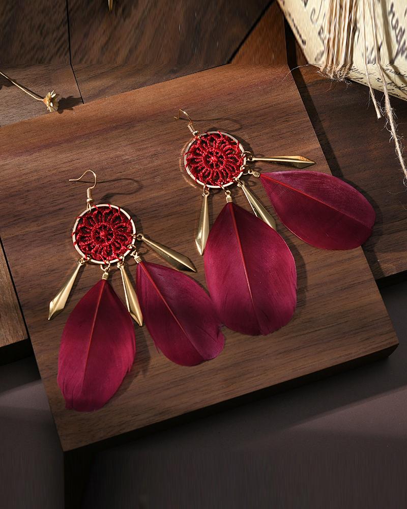 

1Pair Feather Decor Dream Catcher Shaped Drop Earrings, Wine red