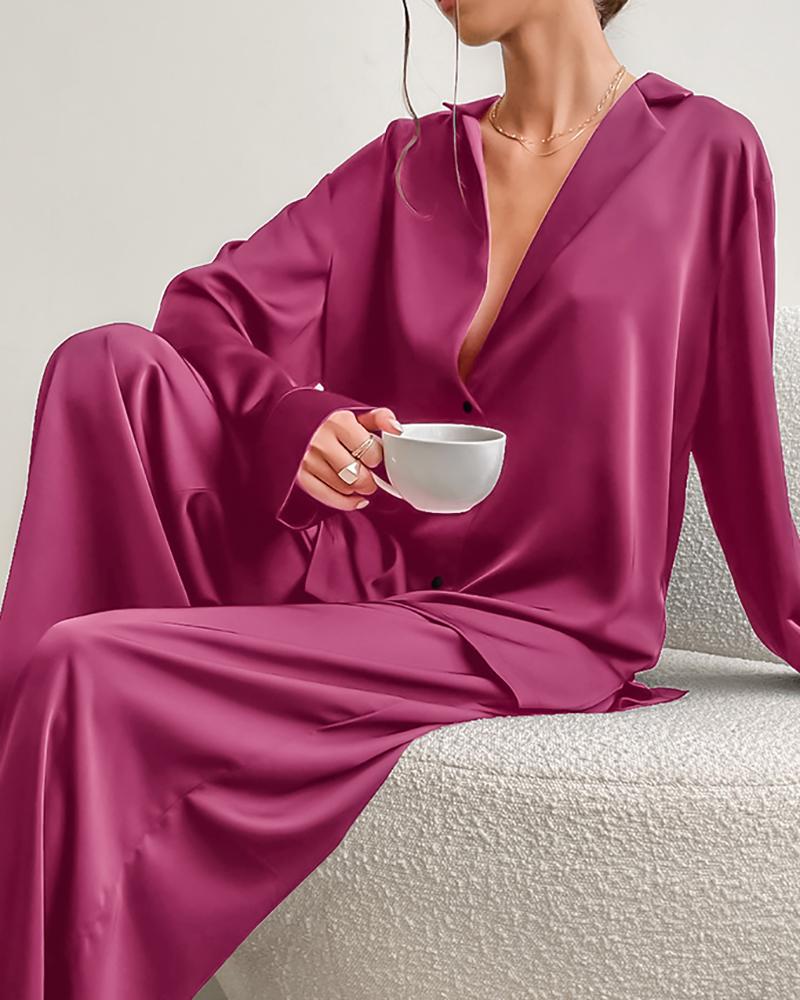 

Buttoned Long Sleeve Casual Pajamas Set, Pink