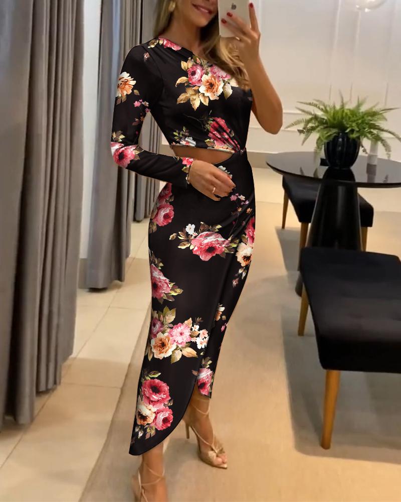 

One Shoulder Cutout Floral Print Dress, Black