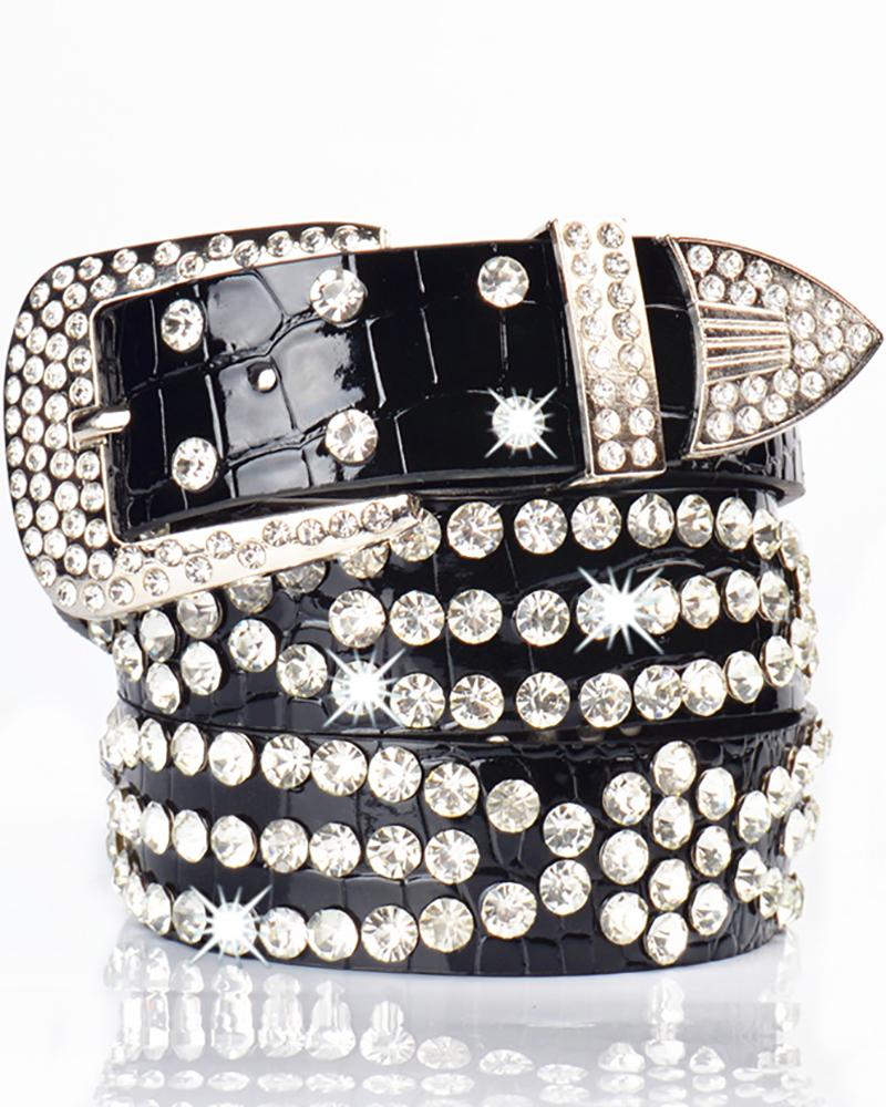 

Rhinestone Decor Buckled PU Leather Belt, Black