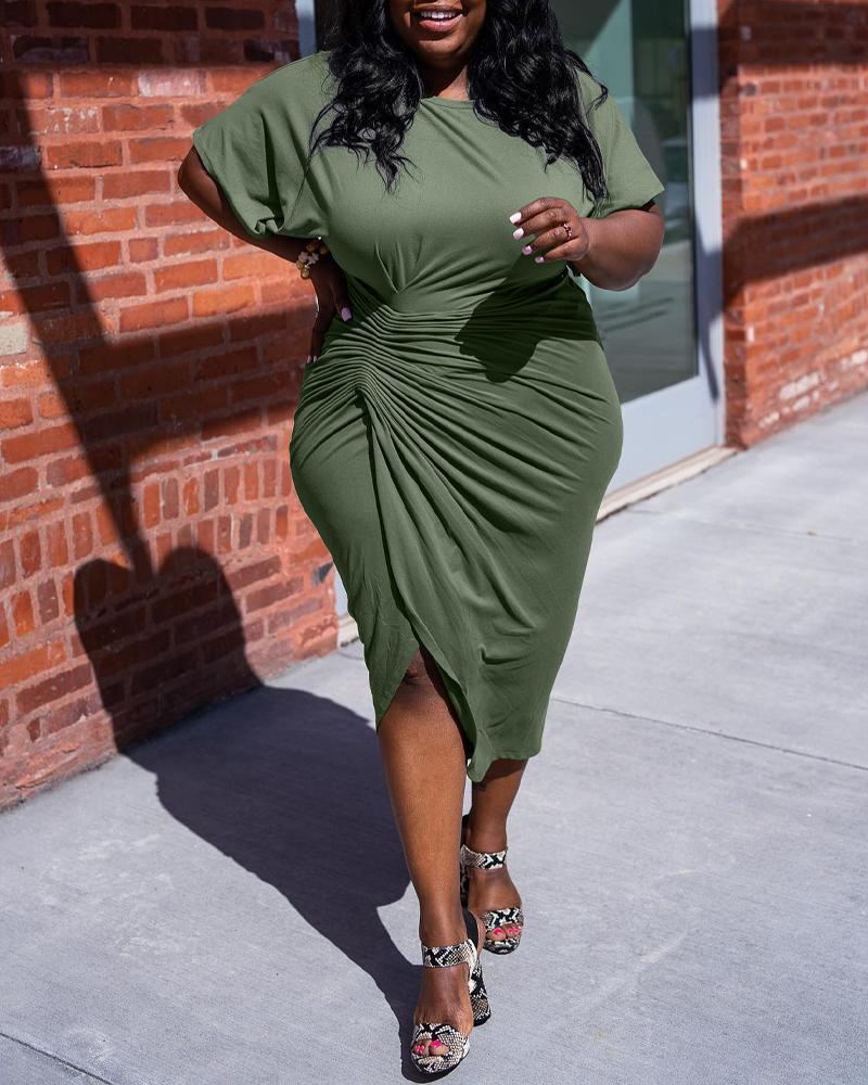

Plus Size Short Sleeve Ruched Slit Casual Dress, Green