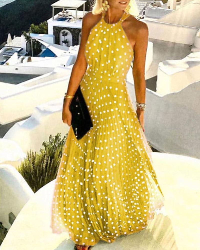 

Polka Dot Print Chiffon Pleated Maxi Dress, Yellow